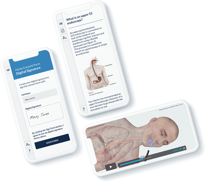 Three mobile phones displaying assorted medical procedure guides